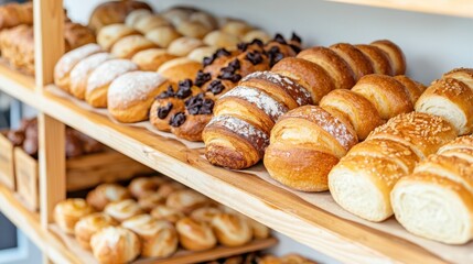 Artisan bakery products on rustic shelves Concept, Assorted Pastries and Bread Rolls Displayed on Wooden Shelves in a Bakery Setting