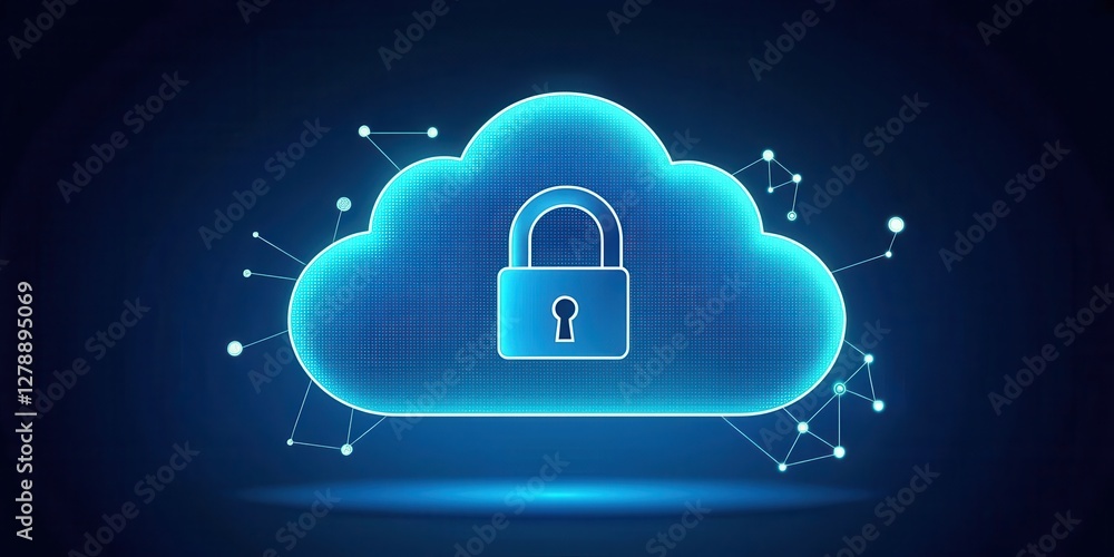 Poster cloud system service provider. digital cloud with a padlock symbolizes data security and protection 