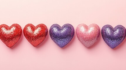 Fototapeta premium Row of Glittery Hearts on Pink Background