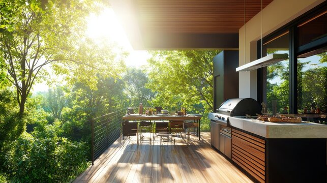 Grilling safety tips for a well-organized outdoor station brightly lit focused on tools surrounded by nature