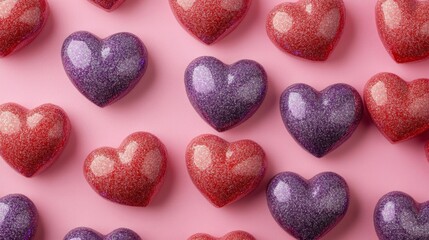 Obraz premium Pink Purple Red Glitter Hearts Pattern Background