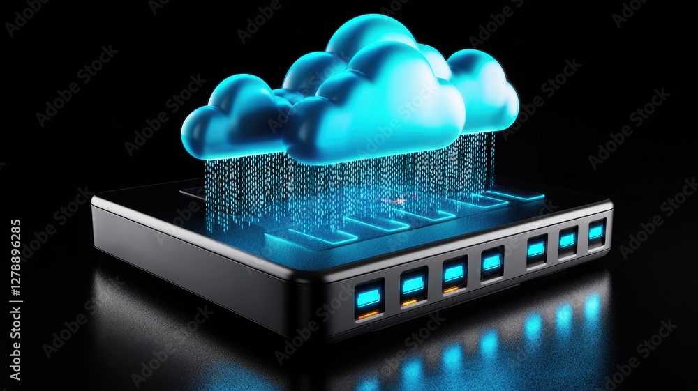 Poster cloud system service provider. cloud computing concept with data transfer from clouds to a network d