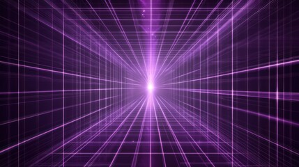 Abstract purple grid tunnel with glowing light at the end.