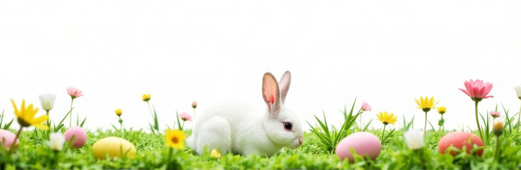Fototapeta premium Easter spring horizontal banner with white bunny and eggs on green grass on white background. Blank space for text, copy space.