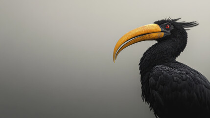 Fototapeta premium A majestic hornbill in profile view, perched elegantly, its curved yellow beak prominent against a clean