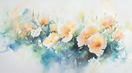 Dreamy Floral Watercolour Painting with Pastel Peach and Blue Hues