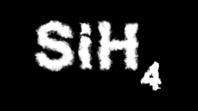 "SiH₄" text or word appearing as a smoke cloud effect on a black background, representing the silane molecule in a dramatic and mysterious style