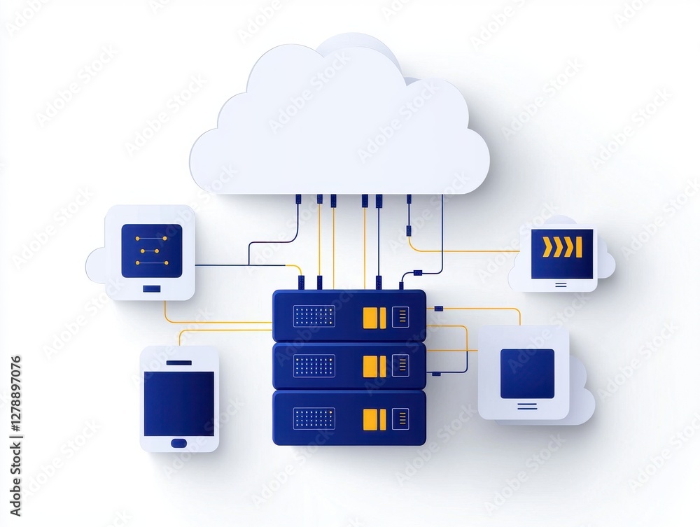 Poster cloud system service provider. cloud computing network with servers and connected devices represente