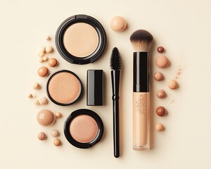 Collection of makeup products in a flat lay arrangement on beige background, aesthetic beauty scene, highend cosmetics, soft lighting, neutral colors, minimalist elegance