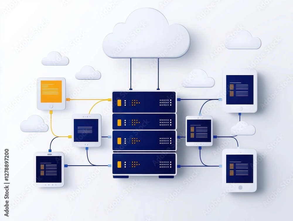 Poster cloud system service provider. digital cloud network connecting devices and servers with data flow v