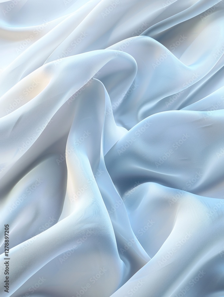 Poster white satin shows clean folds and shadows in soft, moody light, creating a pristine effect