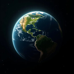 Fototapeta premium Earth illuminated by sunlight against a dark cosmic background, symbolizing the strength of life, survival, and nature. Highlights the importance of the Sun in sustaining life on our planet.