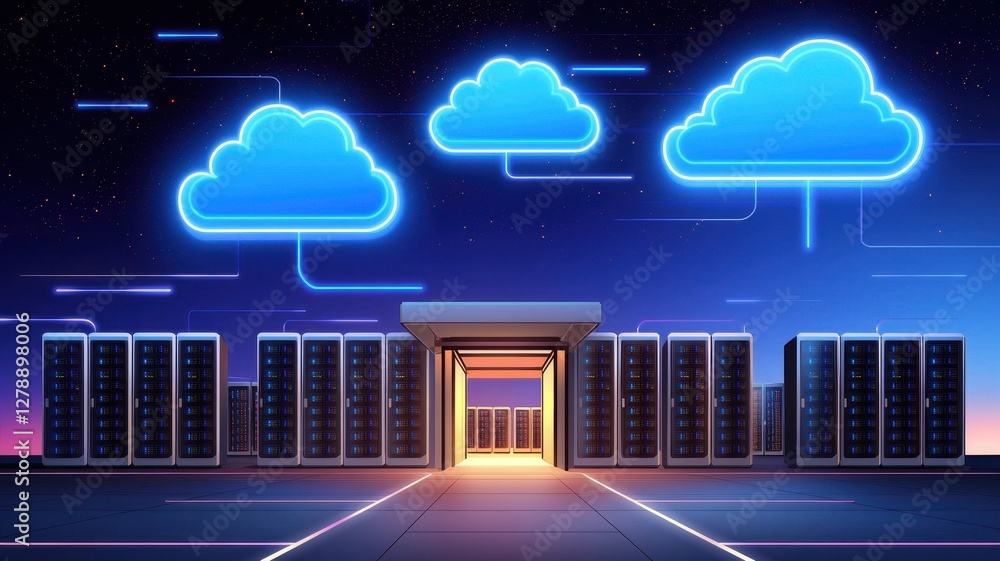 Poster cloud system service provider. futuristic data center with glowing clouds representing cloud computi