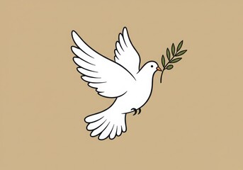 White dove, olive branch, peace symbol, minimalist design, simple lines, beige background, vector illustration, stylized bird, flapping wings