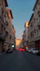 Fototapeta premium Generative AI captures a blurry scene of a European city street at dusk, featuring soft light and vintage architecture