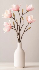 Obraz premium Blooming pink magnolia flowers in a white vase create a serene atmosphere against a soft gray backdrop filled with ample copy space