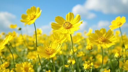 Obraz premium A vibrant field filled with yellow flowers under a clear blue sky, showcasing the beauty of nature and the contrast between colors.