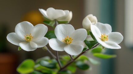 Obraz premium A beautiful arrangement of white flowers with lush green leaves displayed in a clear vase, showcasing elegance and freshness.