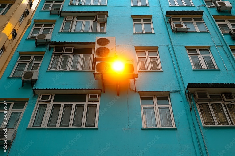 Poster A building with many windows and a yellow light shining through one of them