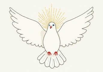 Obraz premium White dove, wings spread, minimalist design, stylized illustration, peace symbol, off-white background, simple line art, red feet, blue eye, gentle curves, soft colors