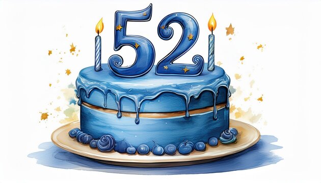 Illustration of decorated blue cake for birthday or anniversary party. Number 52, fifty-second birthday celebration