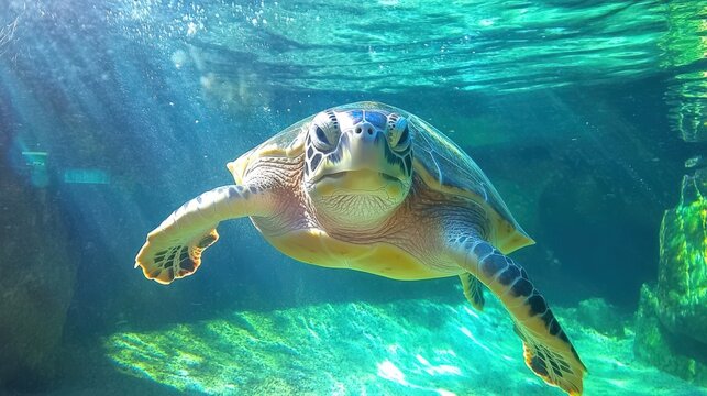 A turtle is swimming in a tank of water