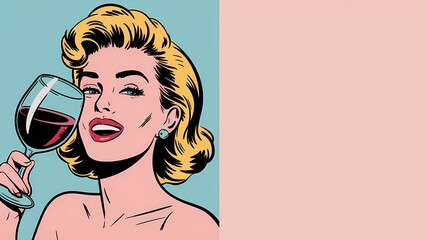 girl with a glass of wine pop art comic design, copy space