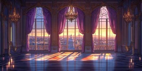 Fototapeta premium Sunset over a bustling cityscape; golden hues illuminate towering skyscrapers against a vibrant sky, casting long shadows on the streets below