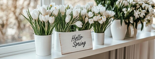 Delicate spring flowers in vases brighten a white shelf, with a cozy framed message welcoming the new season of spring