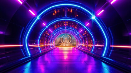 Neon Tunnel Cityscape at Night with Ferris Wheel View