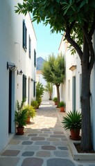 Naklejka premium Narrow passage flanked by whitewashed buildings and filled with lush greenery, , olive trees, garden