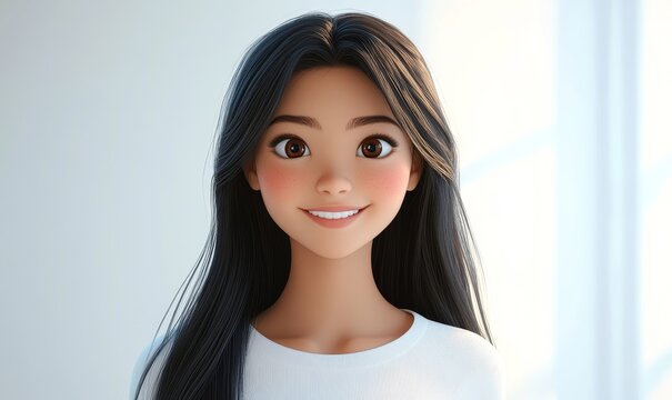 3D Illustration of Smiling Asian Woman with Long Black Hair in White Top, Expressing Happiness and Positivity, Light Background, Human Emotions