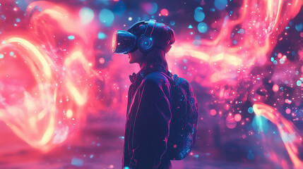 A person wearing VR glasses are exploring the meta world.