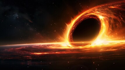 A black hole's gravitational force manipulatively bends stars while ambient lighting highlights its vivid, warped edges