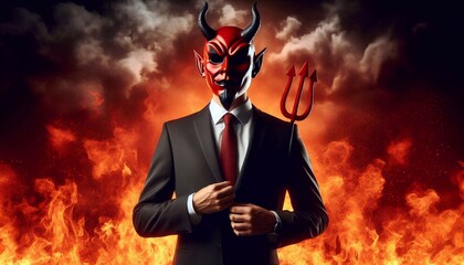 Confident businessman in devil mask with horns standing against fiery background