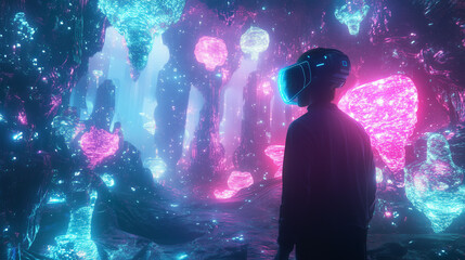 A person wearing VR glasses are exploring the meta world.