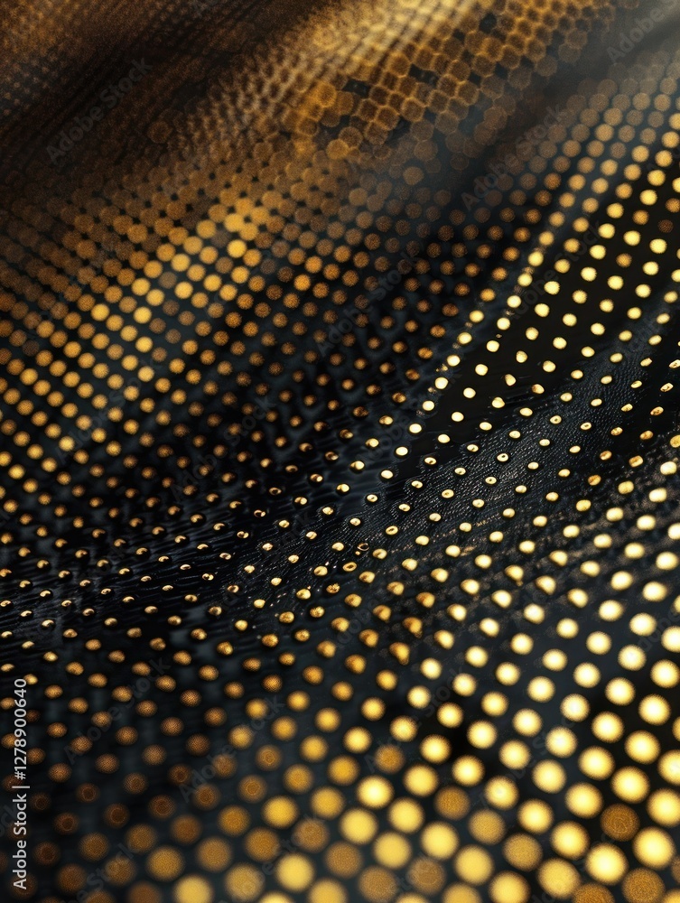 Poster this design features a bold black and gold halftone pattern with metallic dots and moody, shimmering