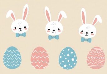 Obraz premium Cute cartoon bunnies, Easter eggs, pastel colors, kawaii style, simple illustrations, playful rabbits, polka dots, zigzag patterns, blue bow tie