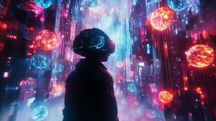 A person wearing VR glasses are exploring the meta world.