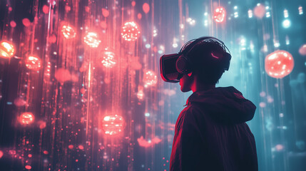 A person wearing VR glasses are exploring the meta world.