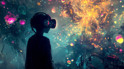 A person wearing VR glasses are exploring the meta world.