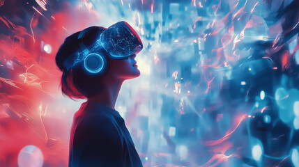 A person wearing VR glasses are exploring the meta world.