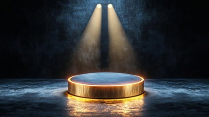 A podium under a spotlight, showcasing a sleek new electronic gadget with Black Friday discounts