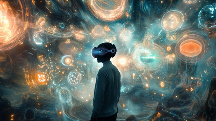 A person wearing VR glasses are exploring the meta world.