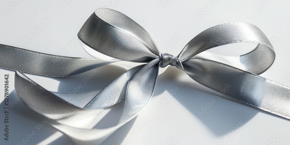 Poster a double-looped silver ribbon bow tied intricately, casting a soft shadow.