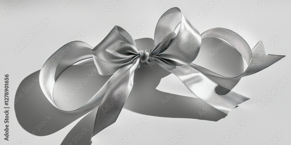 Poster a double-looped silver ribbon bow tied intricately, casting a soft shadow.