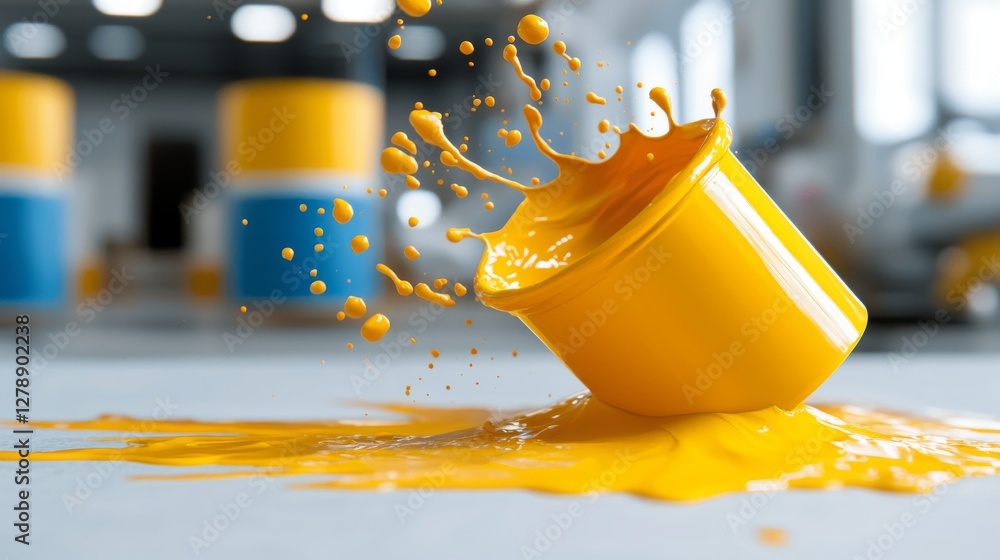 Poster dynamic yellow paint splashing from bucket in art studio action shot creative environment close-up v