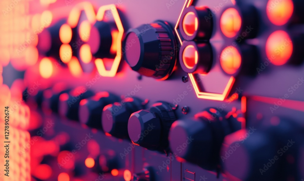 Poster futuristic control panel with glowing knobs and hexagonal lights