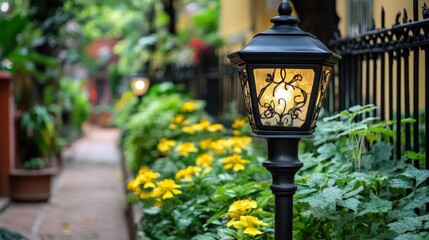 Fototapeta premium A garden features a lamp mounted on a pole, illuminating the area with a warm glow, enhancing the tranquil outdoor ambiance.