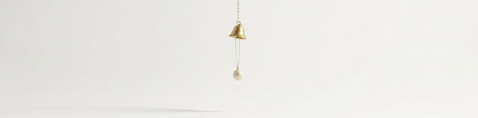 Obraz premium Simple white background with a single golden bell hanging from it, white background, object, decorative
